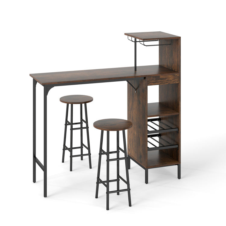 3 Piece Bar Table and Chairs Set with 6-Bottle Wine Rack