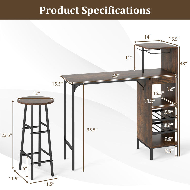 3 Piece Bar Table and Chairs Set with 6-Bottle Wine Rack