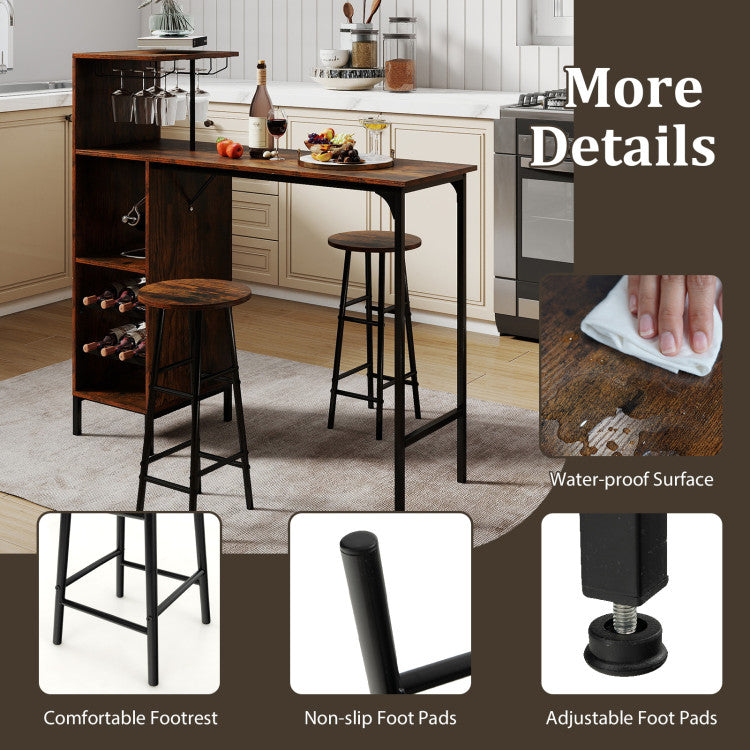 3 Piece Bar Table and Chairs Set with 6-Bottle Wine Rack