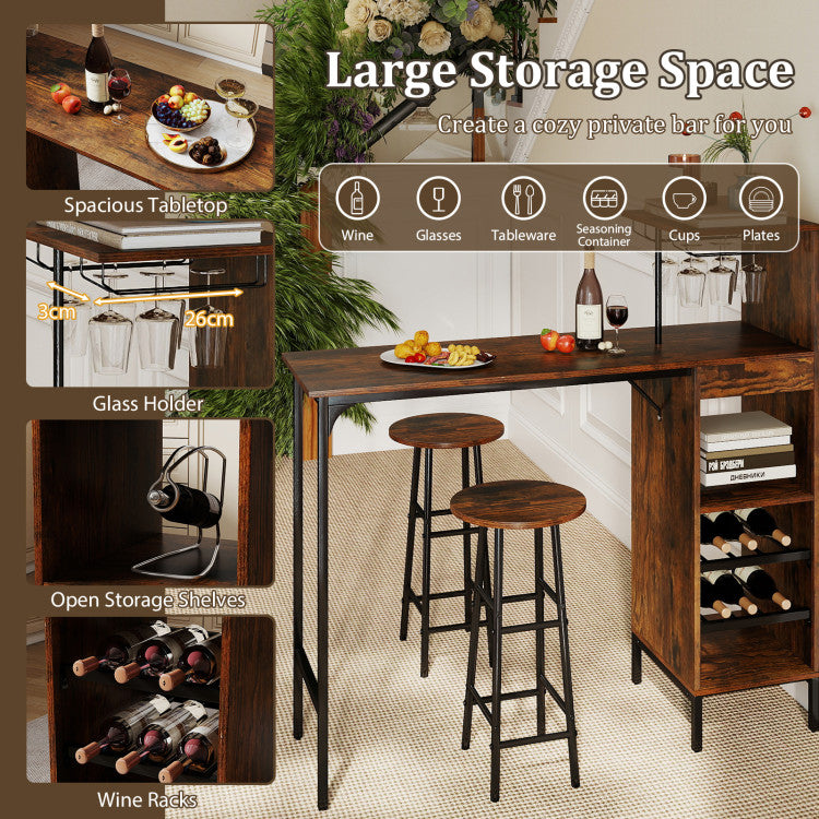 3 Piece Bar Table and Chairs Set with 6-Bottle Wine Rack