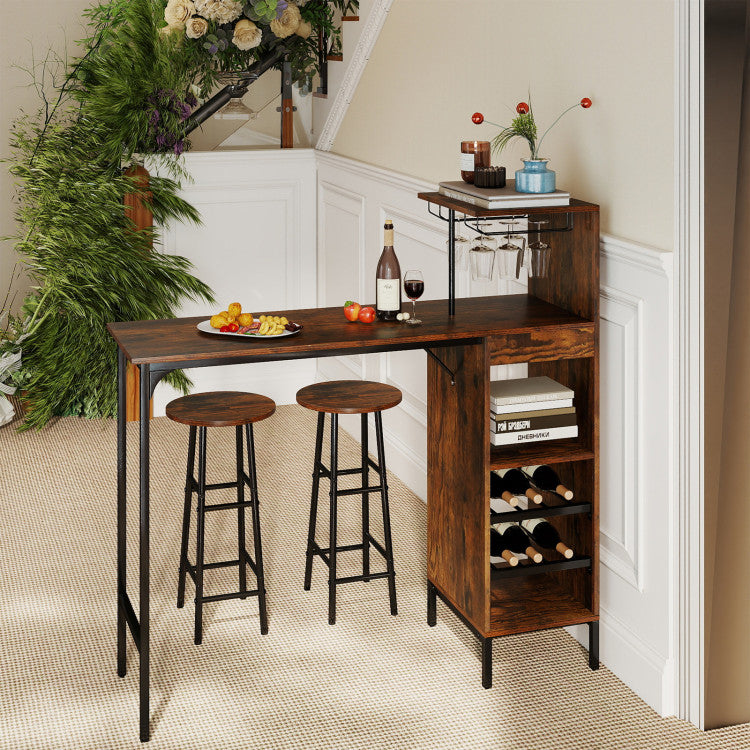 3 Piece Bar Table and Chairs Set with 6-Bottle Wine Rack