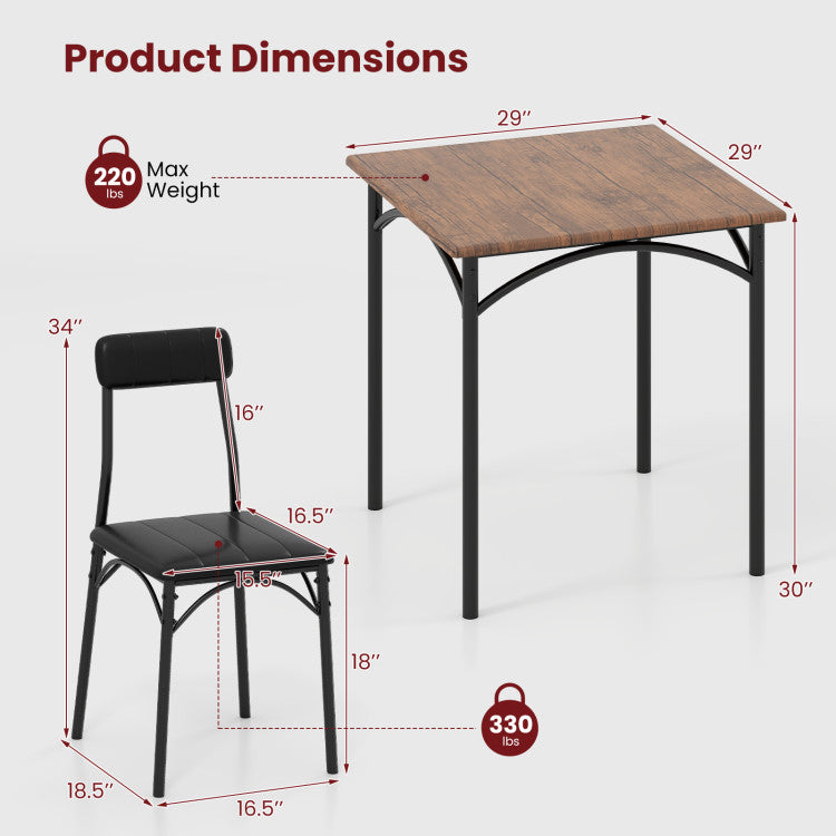 3-Piece Dining Table Set Square Kitchen Table and 2 Chairs for Dining Room