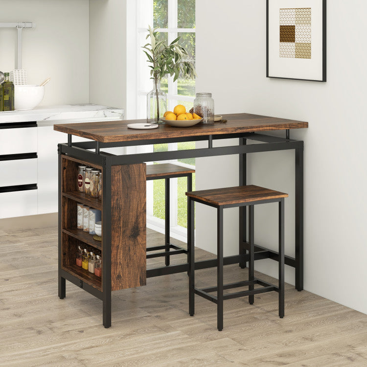 3 Pieces Dining Table Set with 3-Tier Storage Shelf and Metal Frame