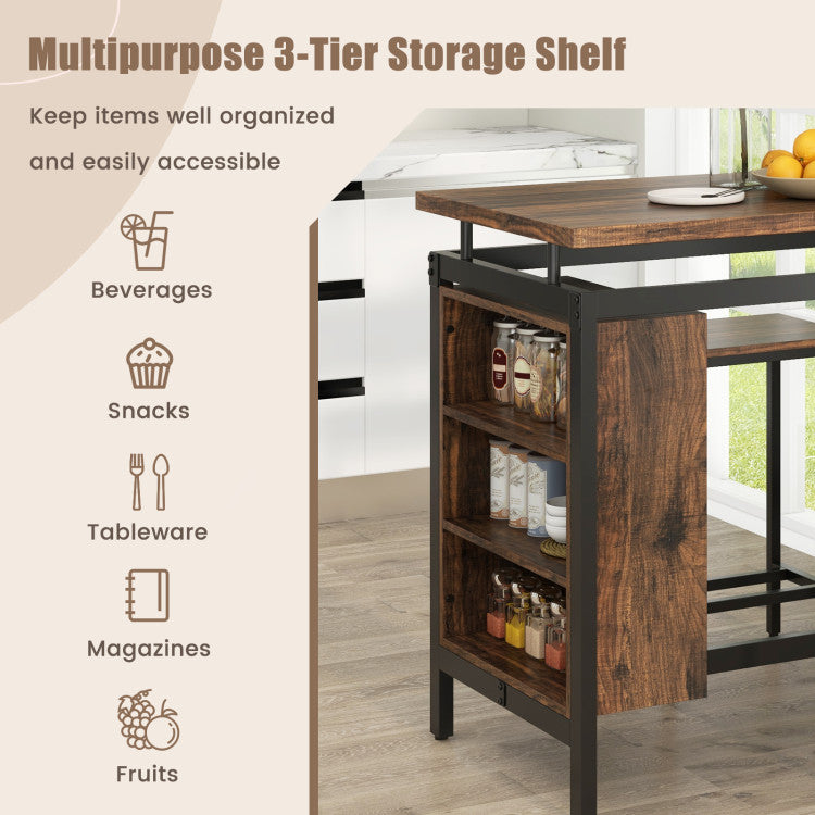 3 Pieces Dining Table Set with 3-Tier Storage Shelf and Metal Frame