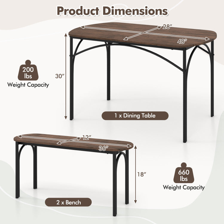 3-Piece Dining Table Set for 4 with Metal Frame