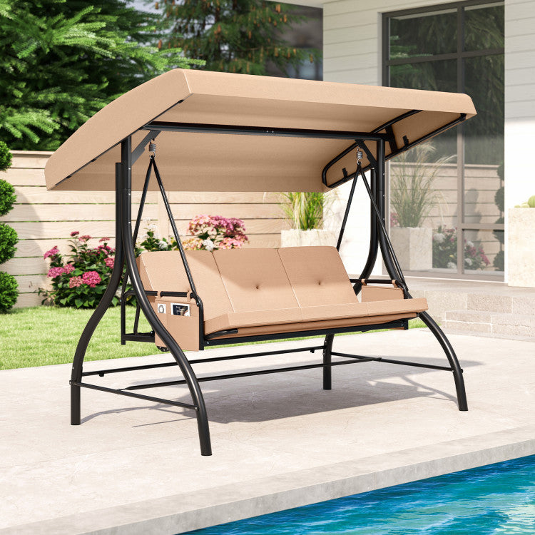 3-Piece Patio Swing with Canopy Removable Cushions and Side Pockets