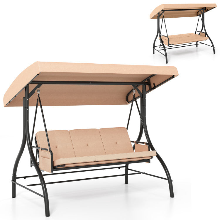3-Piece Patio Swing with Canopy Removable Cushions and Side Pockets