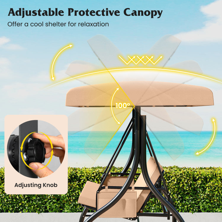 3-Piece Patio Swing with Canopy Removable Cushions and Side Pockets