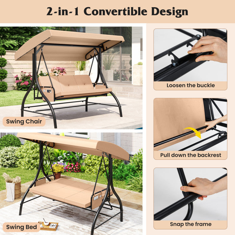 3-Piece Patio Swing with Canopy Removable Cushions and Side Pockets