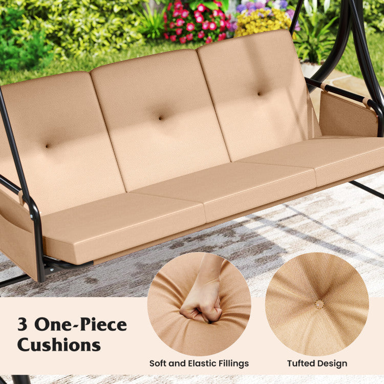 3-Piece Patio Swing with Canopy Removable Cushions and Side Pockets