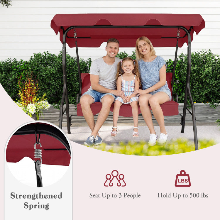 3 Seat Outdoor Patio Canopy Swing with Cushioned Steel Frame
