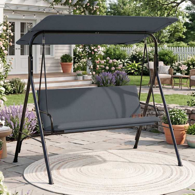 3-Seat Outdoor Patio Swing Chair with Adjustable Tilt Canopy and Stand