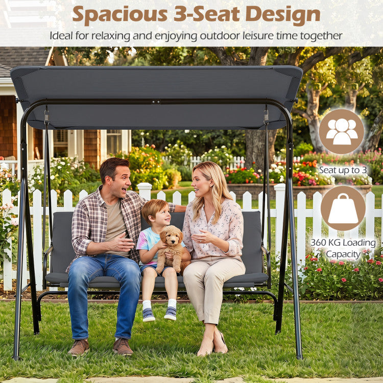 3-Seat Outdoor Patio Swing Chair with Adjustable Tilt Canopy and Stand