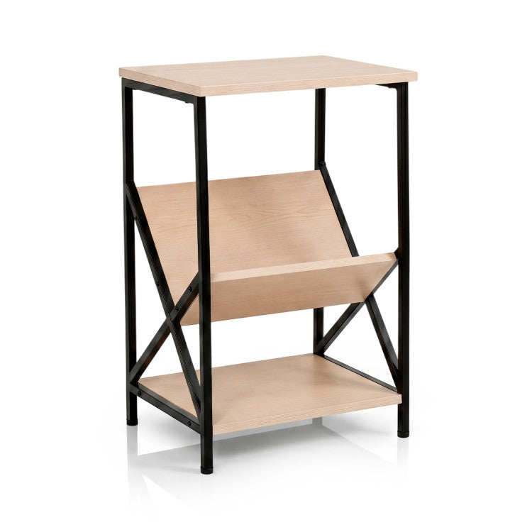 3-Tier Industrial Side Table with V-shaped Bookshelf for Living Room