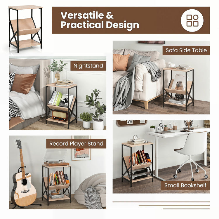 3-Tier Industrial Side Table with V-shaped Bookshelf for Living Room