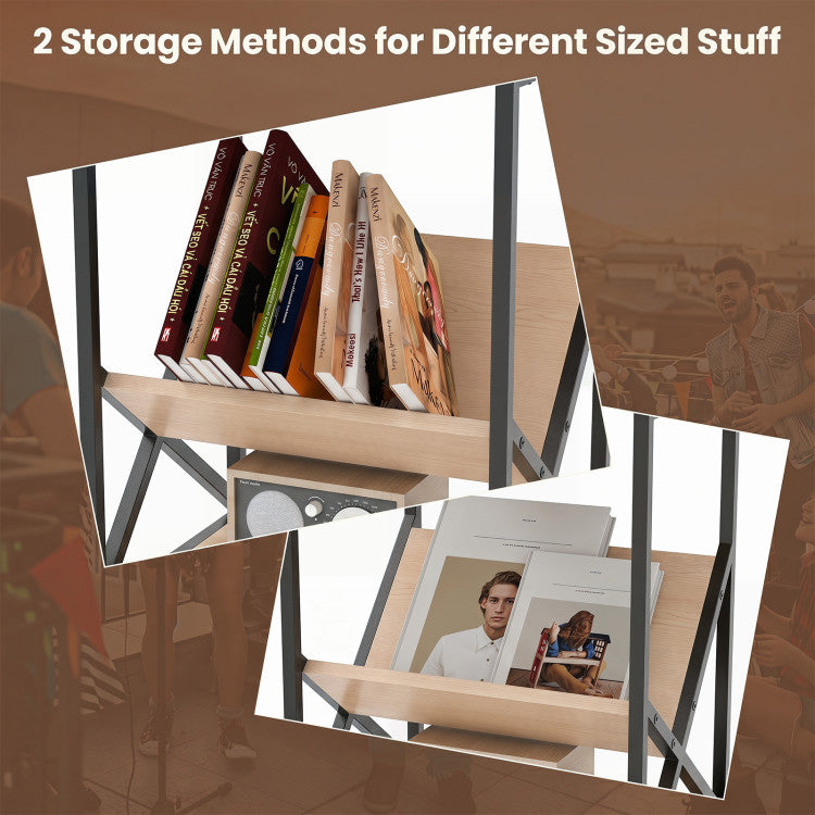3-Tier Industrial Side Table with V-shaped Bookshelf for Living Room