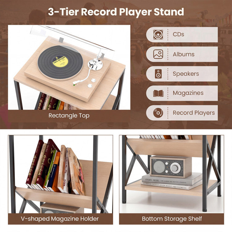 3-Tier Industrial Side Table with V-shaped Bookshelf for Living Room