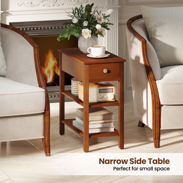 3-Tier Narrow End Table with Drawer and Storage Shelves Set of 2