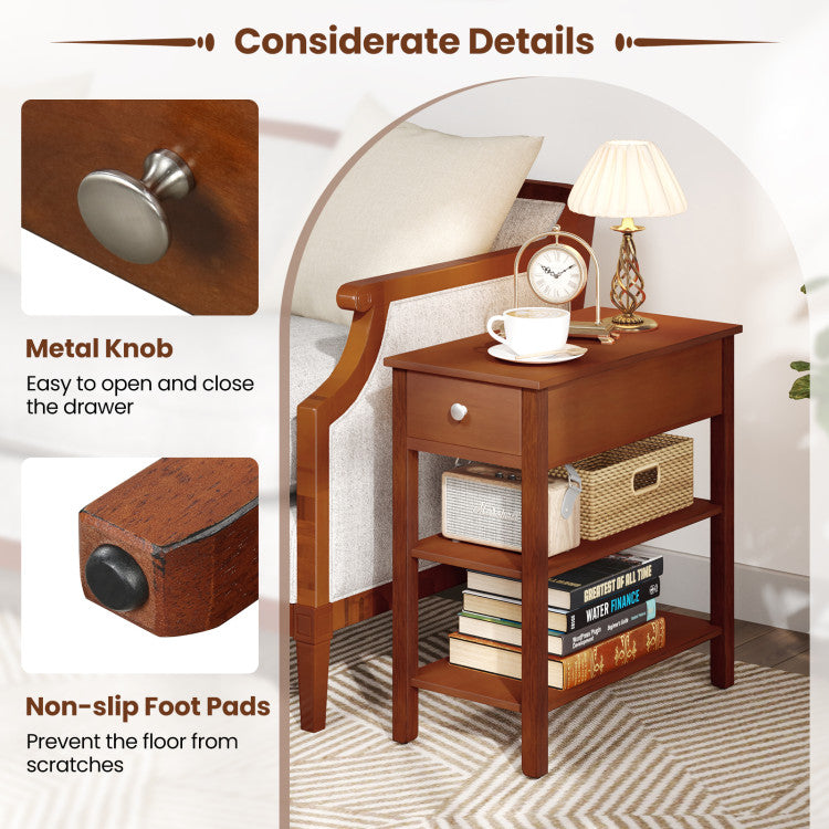 3-Tier Narrow End Table with Drawer and Storage Shelves Set of 2