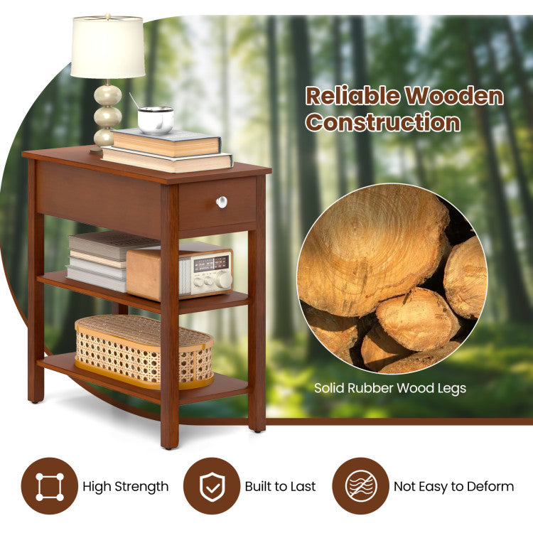 3-Tier Narrow End Table with Drawer and Storage Shelves Set of 2