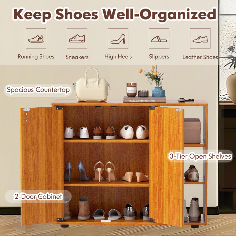 3-Tier Shoe Cabinet with Doors with Adjustable Open Shelves for Entryway
