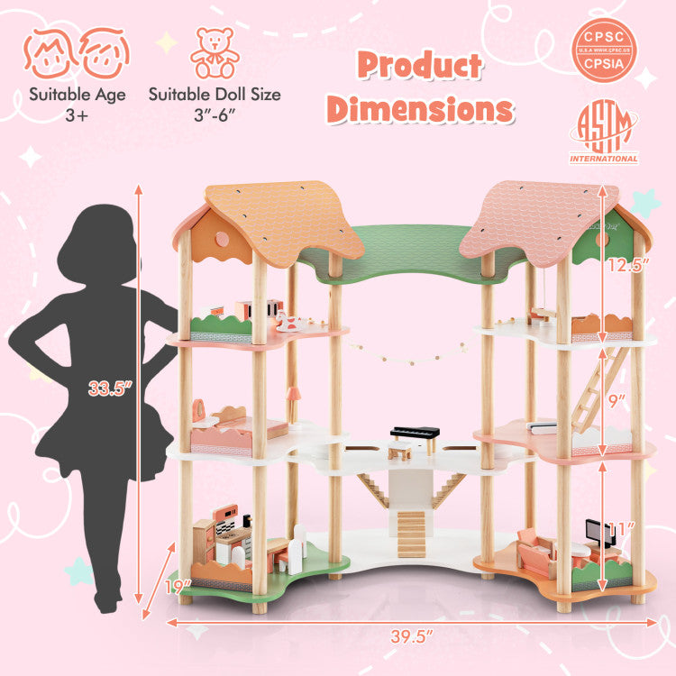 3-Tier Wooden Dollhouse for Kids Aged 3-8 Years Old with 32 Pieces of Accessories