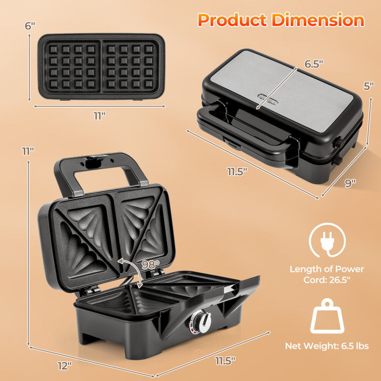 3-in-1 1082W Sandwich Maker with Removable Non-Stick Plates