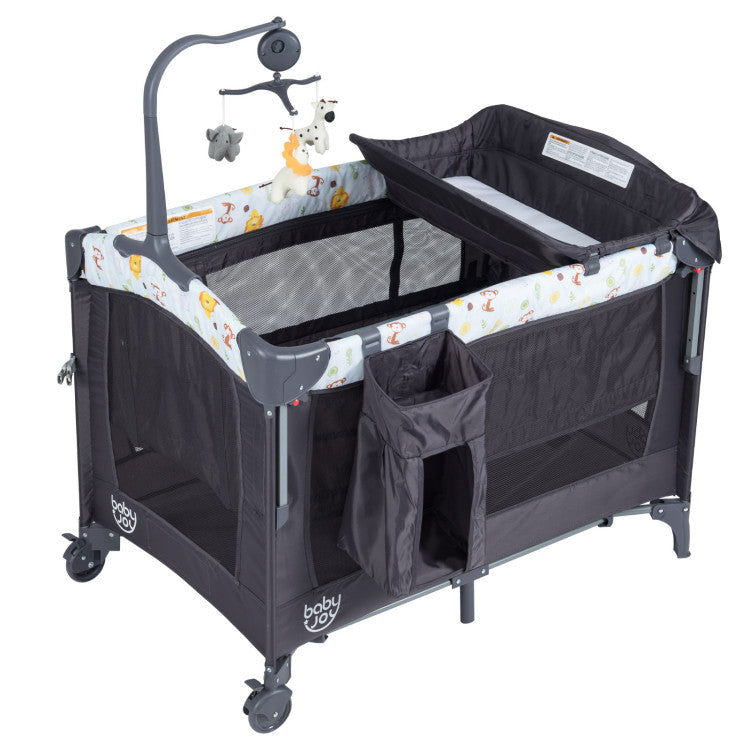 3-in-1 Convertible Portable Baby Playard with Music Box and Wheel and Brakes