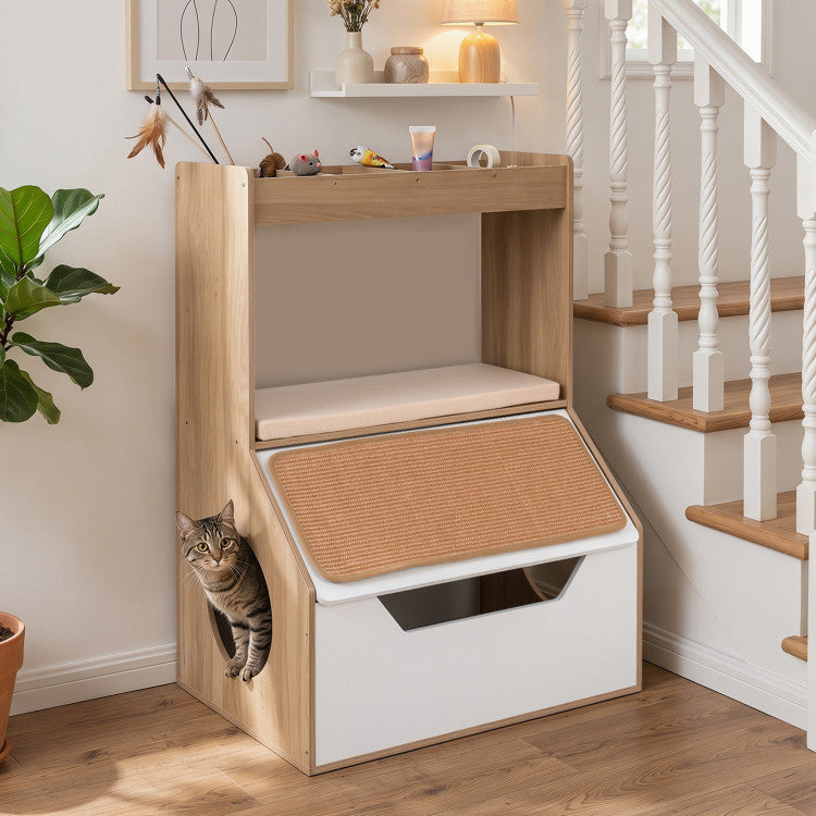 3-in-1 Hidden Cat House Cabinet with 4 Cubbies Removable Cushion and Scratching Pad