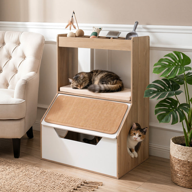 3-in-1 Hidden Cat House Cabinet with 4 Cubbies Removable Cushion and Scratching Pad