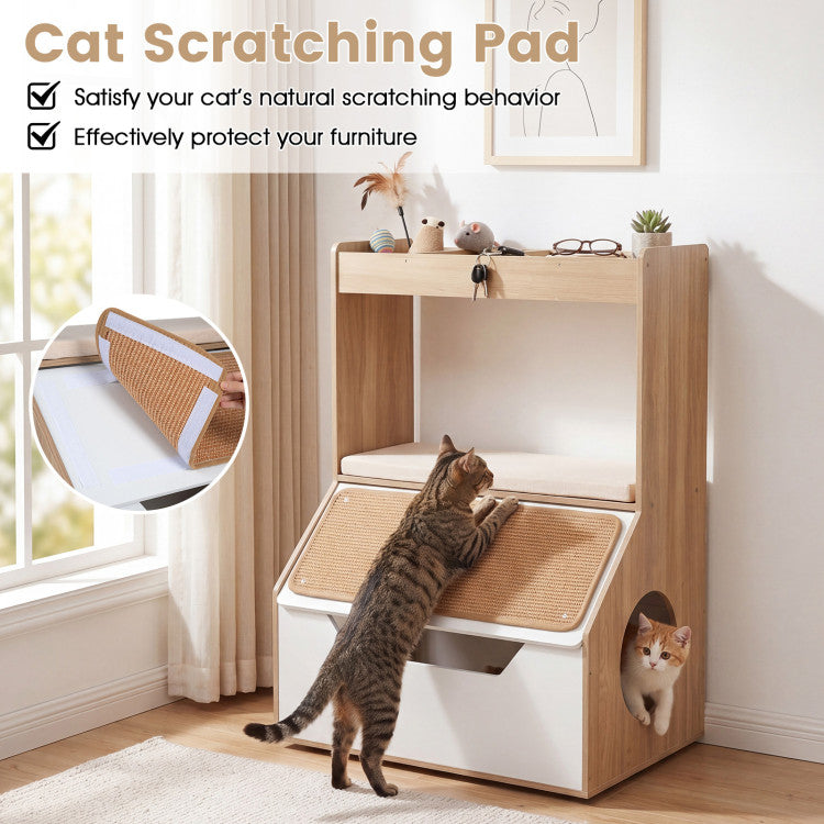 3-in-1 Hidden Cat House Cabinet with 4 Cubbies Removable Cushion and Scratching Pad