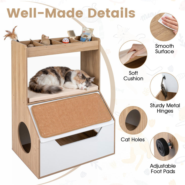 3-in-1 Hidden Cat House Cabinet with 4 Cubbies Removable Cushion and Scratching Pad