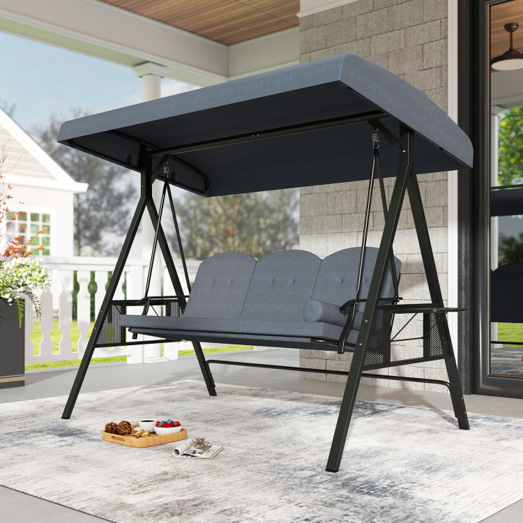 3-Seat Patio Swing Chair Porch Swing with Adjustable Canopy Thickened Cushions Pillow and Foldable Side Trays