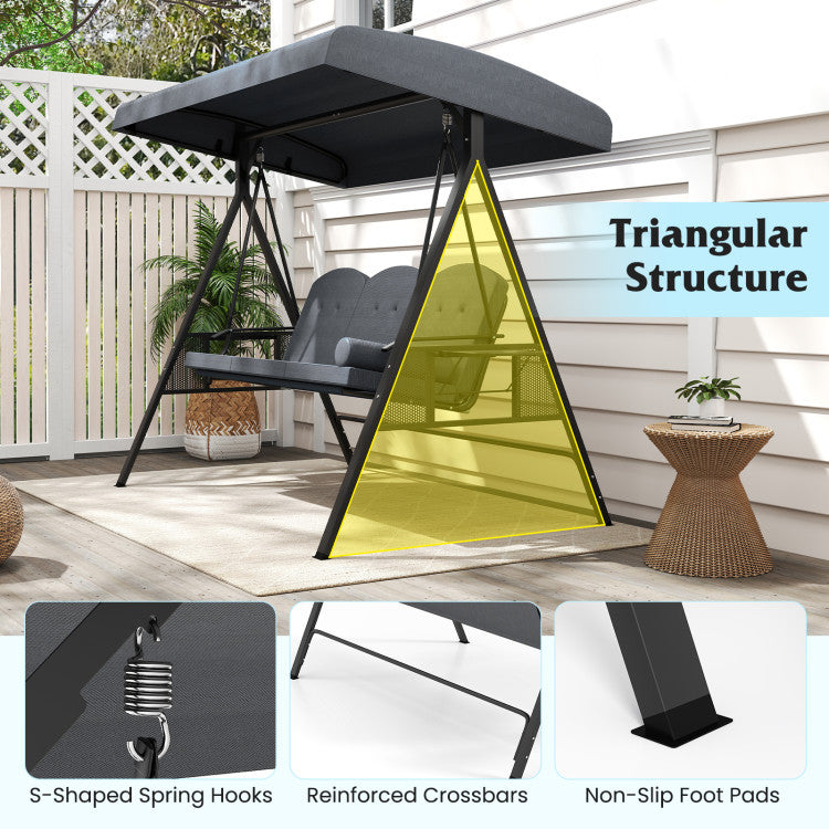 3-Seat Patio Swing Chair Porch Swing with Adjustable Canopy Thickened Cushions Pillow and Foldable Side Trays