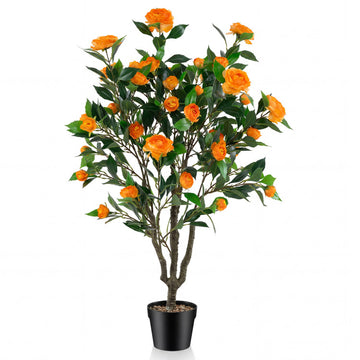 40 Inch Artificial Camellia Tree with 37 Flowers and River Stones in Pot