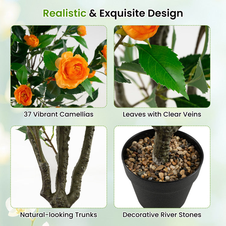 40 Inch Artificial Camellia Tree with 37 Flowers and River Stones in Pot