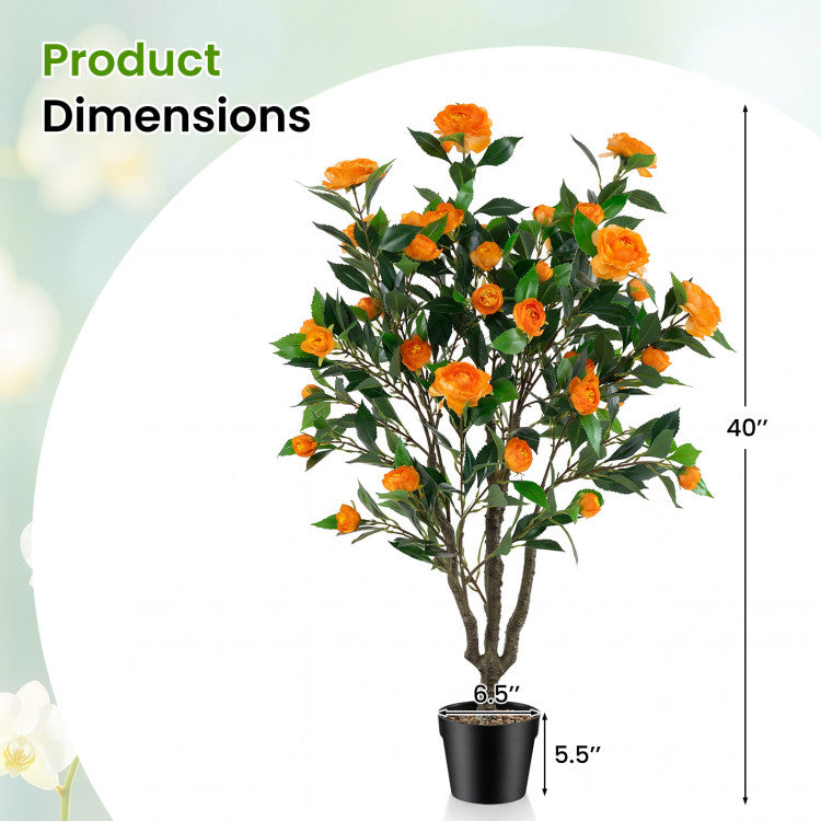 40 Inch Artificial Camellia Tree with 37 Flowers and River Stones in Pot