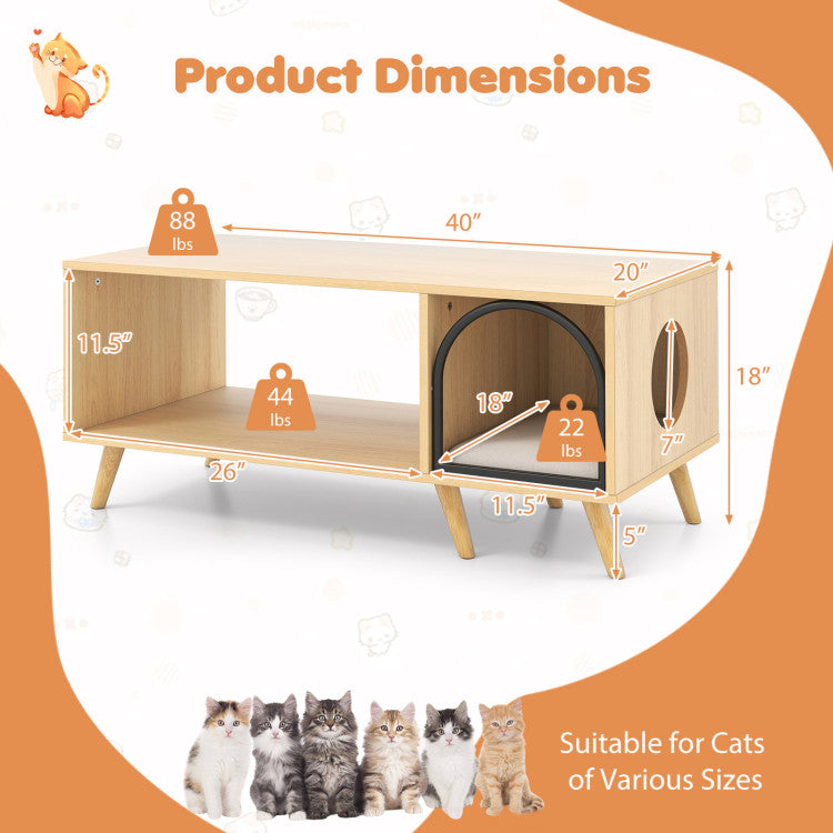 40 Inch Coffee Table Cat House 2-in-1 Wooden Kitten Furniture with Open Storage Shelf