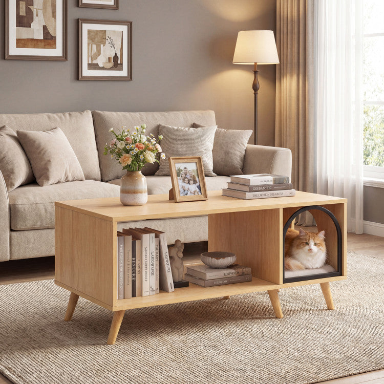 40 Inch Coffee Table Cat House 2-in-1 Wooden Kitten Furniture with Open Storage Shelf
