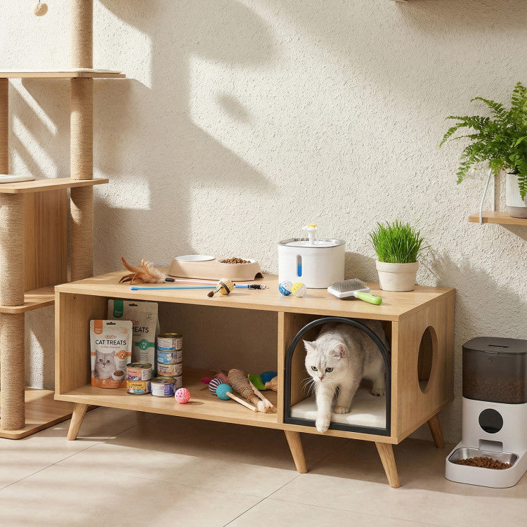 40 Inch Coffee Table Cat House 2-in-1 Wooden Kitten Furniture with Open Storage Shelf