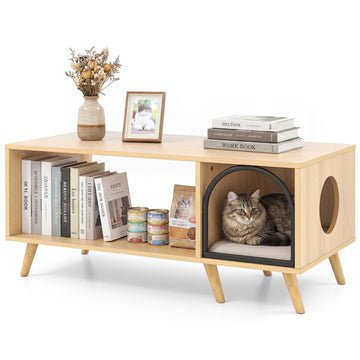 40 Inch Coffee Table Cat House 2-in-1 Wooden Kitten Furniture with Open Storage Shelf