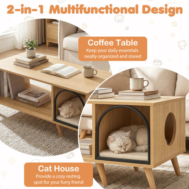 40 Inch Coffee Table Cat House 2-in-1 Wooden Kitten Furniture with Open Storage Shelf