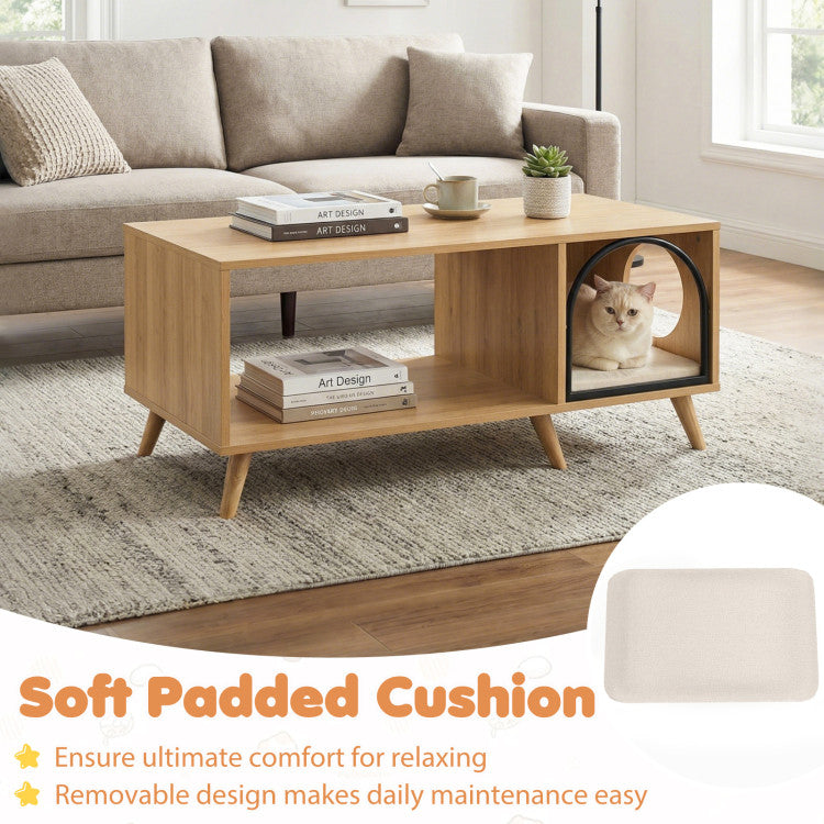 40 Inch Coffee Table Cat House 2-in-1 Wooden Kitten Furniture with Open Storage Shelf