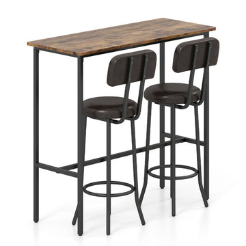 3-Piece Industrial Bar Table Set with 2 Upholstered Stools and Footrests for Dining Room