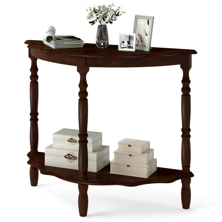 42 Inch Half Moon Console Table with Shelf and Rubber Wood Legs