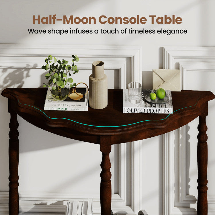 42 Inch Half Moon Console Table with Shelf and Rubber Wood Legs