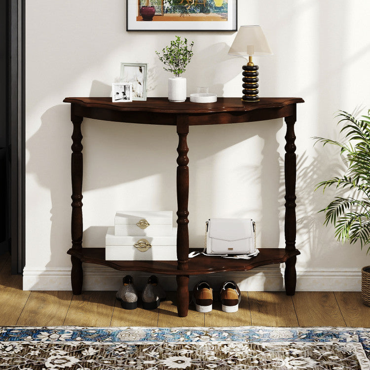 42 Inch Half Moon Console Table with Shelf and Rubber Wood Legs