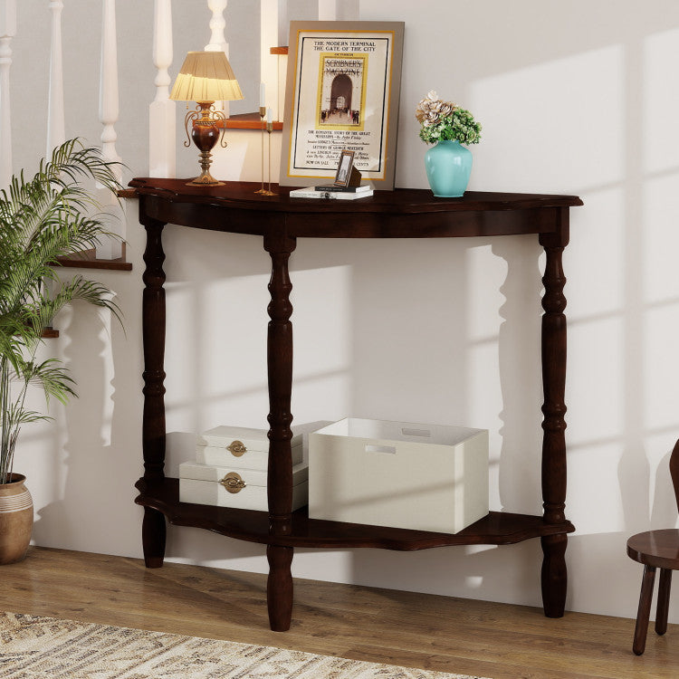 42 Inch Half Moon Console Table with Shelf and Rubber Wood Legs
