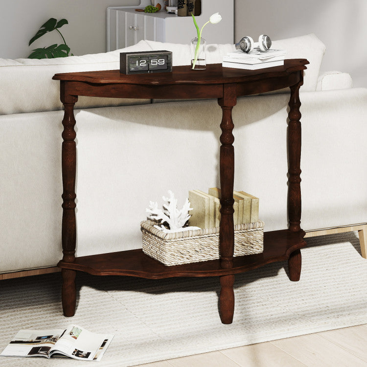 42 Inch Half Moon Console Table with Shelf and Rubber Wood Legs