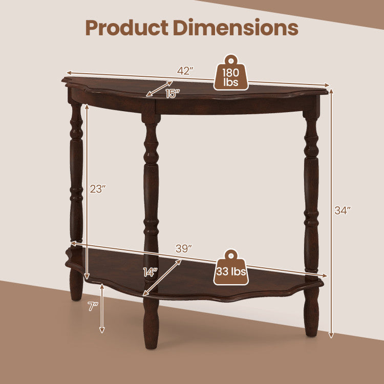 42 Inch Half Moon Console Table with Shelf and Rubber Wood Legs